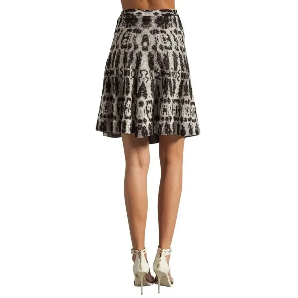 BCBGMaxazria Albie Black & Gray Silk Midi A-Line Skirt Size Large